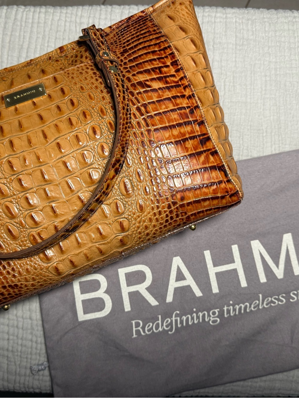 Brahmin Cognac Croc-Embossed Leather Shoulder Bag